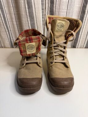 Very clean Palladium Tan Canvas Fold-Over Boots with Red Plaid Lining.